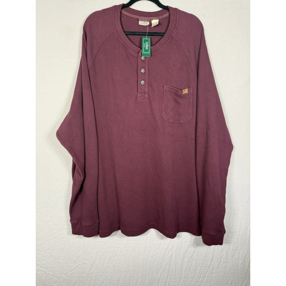 L.L.‎ Bean Waffle Knit Henley Shirt Mens XXXL Tall Burgandy Long Sleeve Pocket